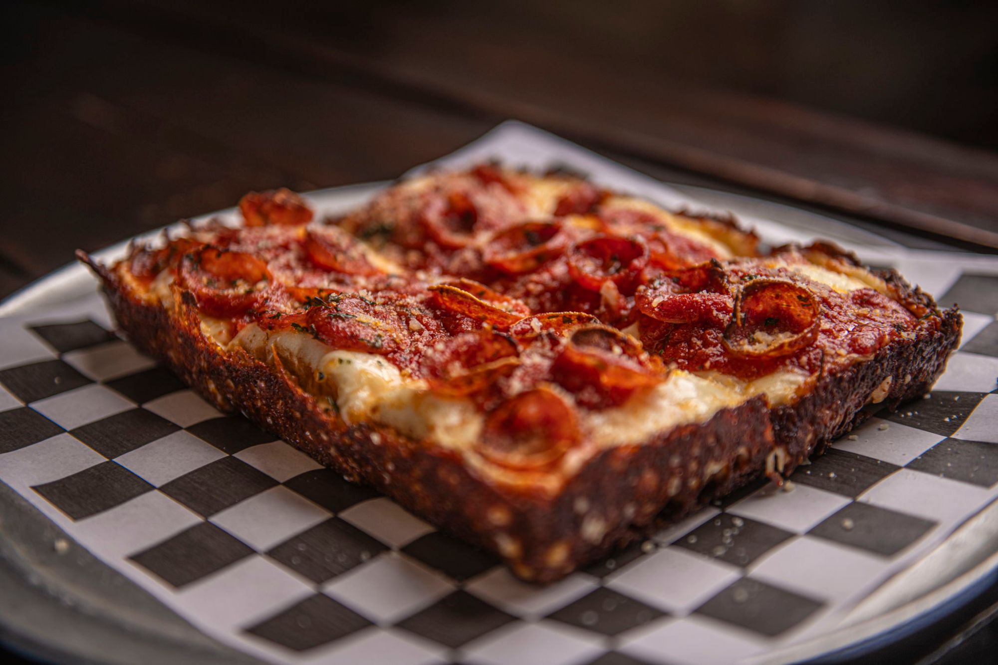 Classic Pepperoni Detroit-style square pan pizza with cupped pepperoni and a caramelized crust